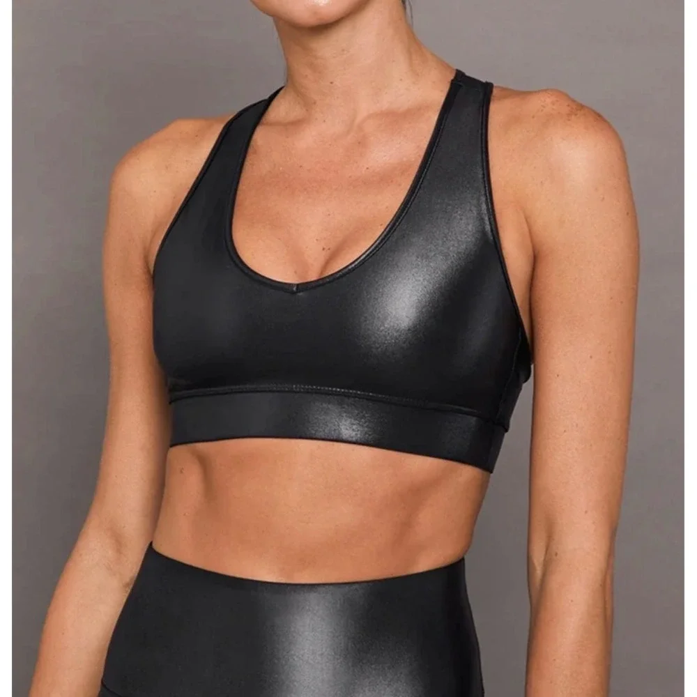 Carbon38 Womens L Black Takara Shine V-Neck Racerback Sports Bra Activewear
